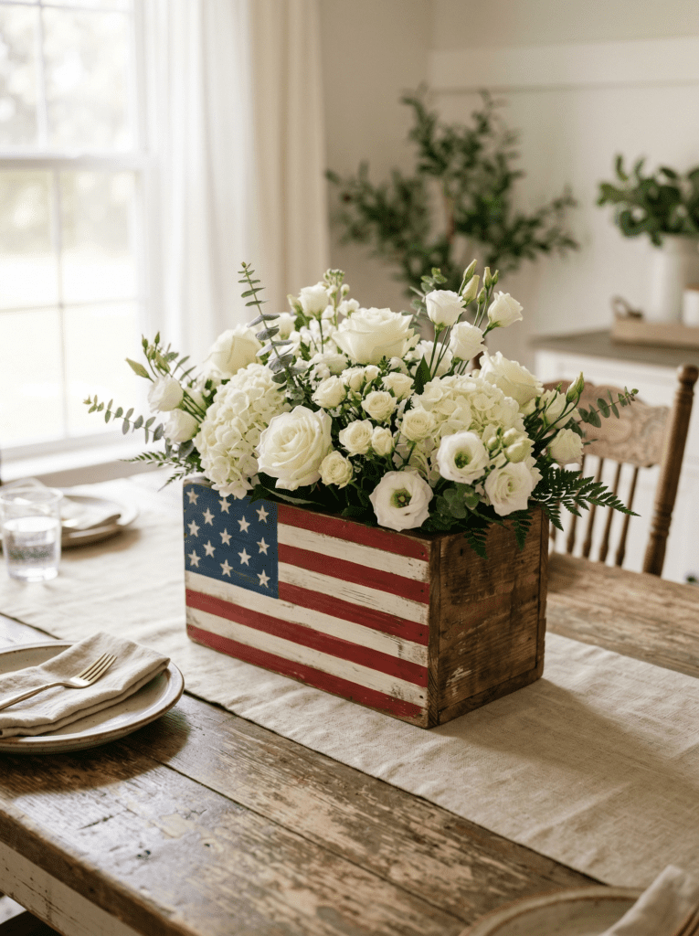 4th of july centerpiece in white flowers in wooden American flag box centerpiece