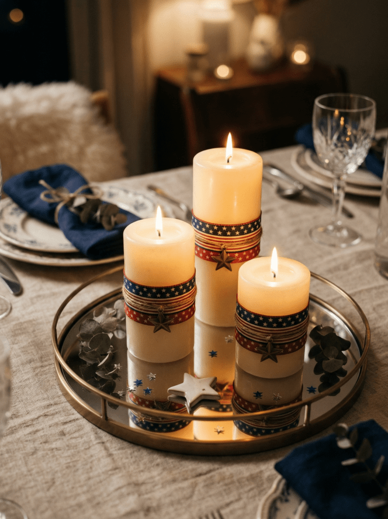 patriotic candle centerpiece on gold tray