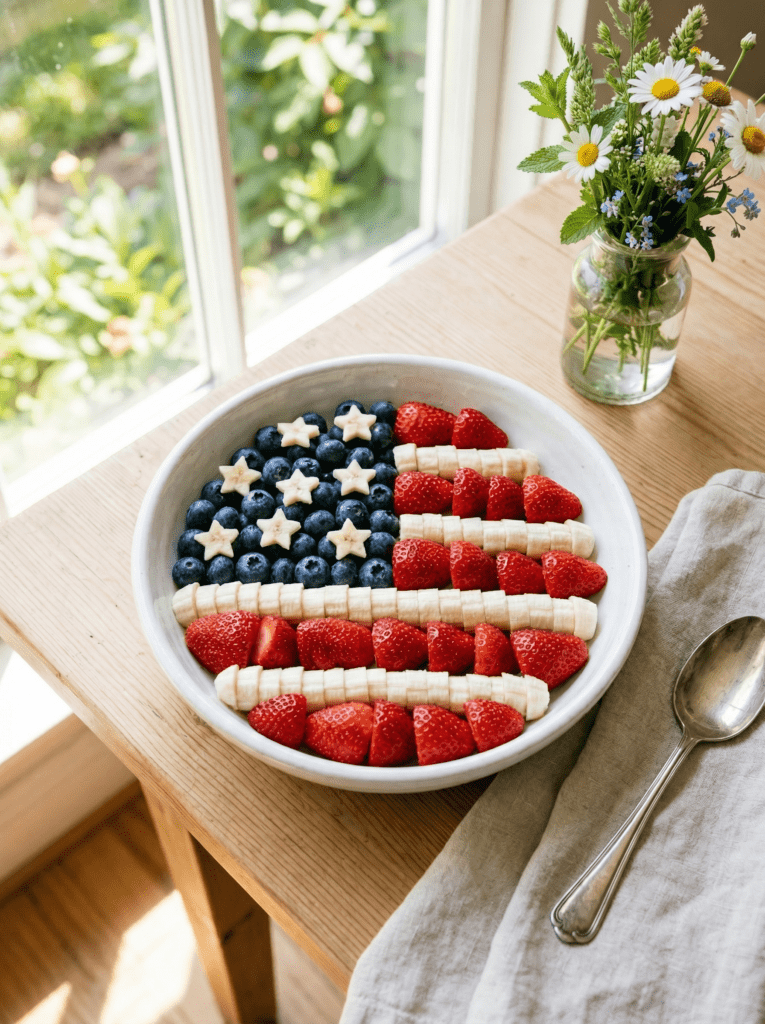 fruit arranged like American flag in bowl