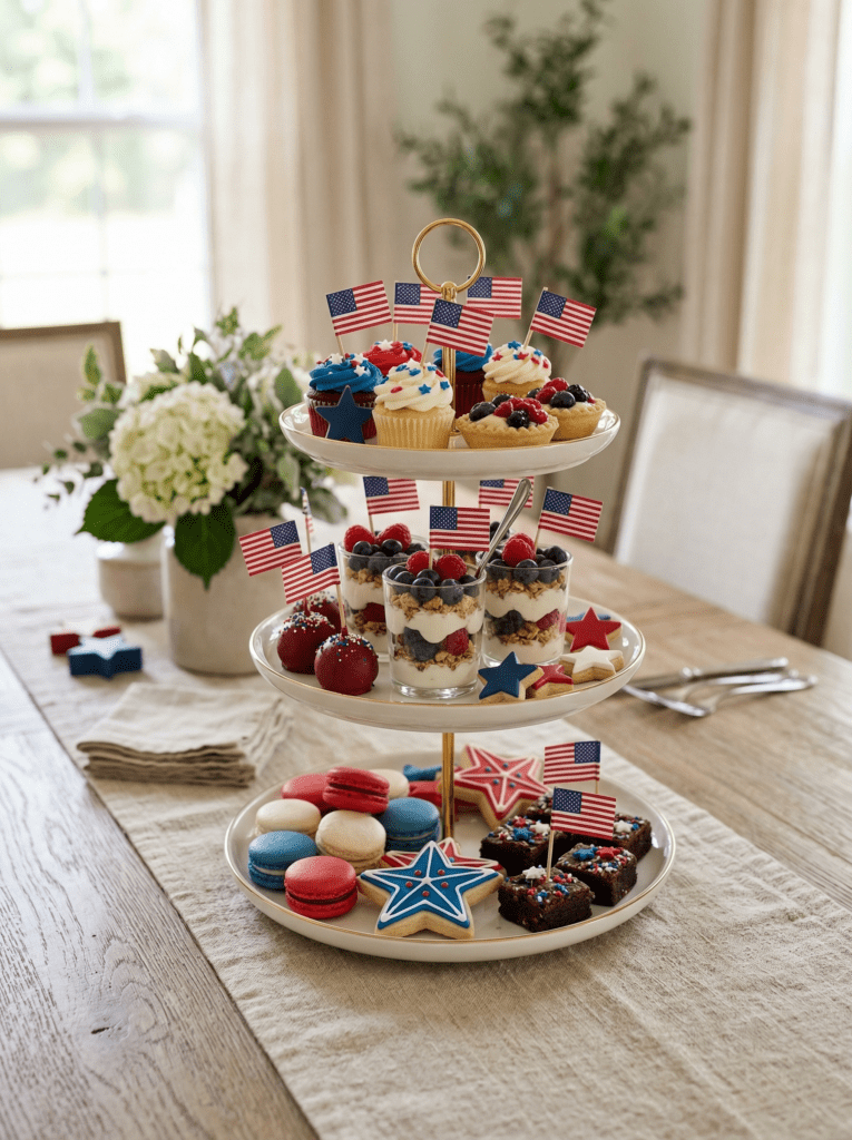 4th of july centerpiece in patriotic dessert stand with cupcakes and treats