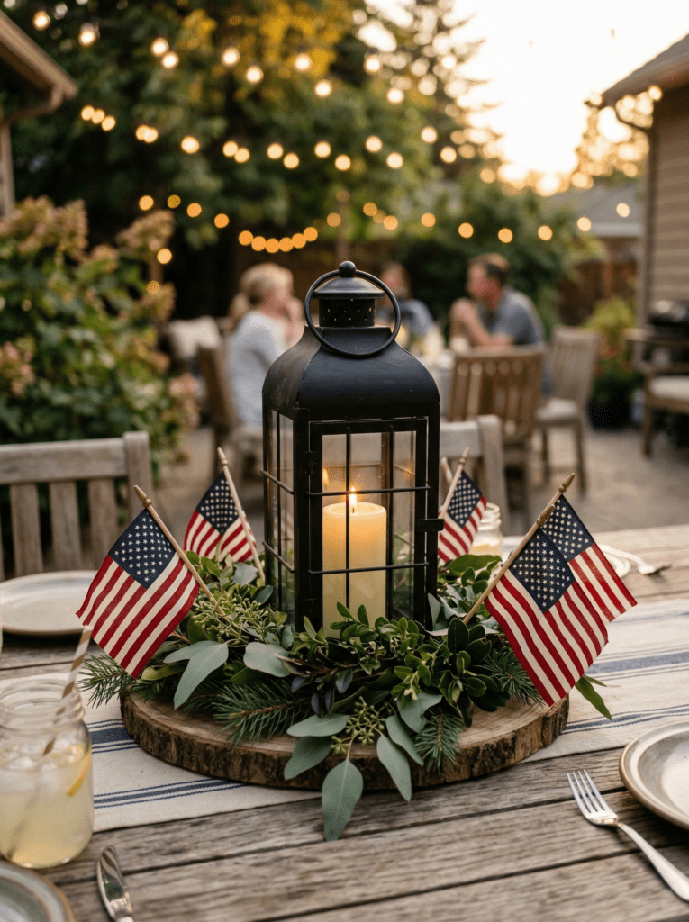 4th of july centerpiece in outdoor lantern with American flags