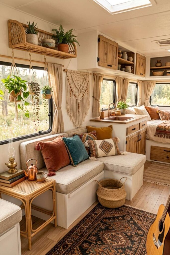 Boho camper interior with macrame decor, plants, and patterned cushions.