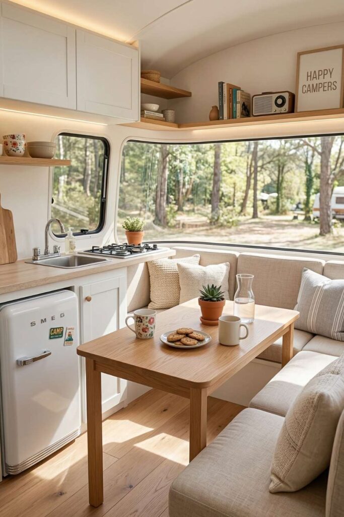 Camper dinette with panoramic windows and cozy seating area.