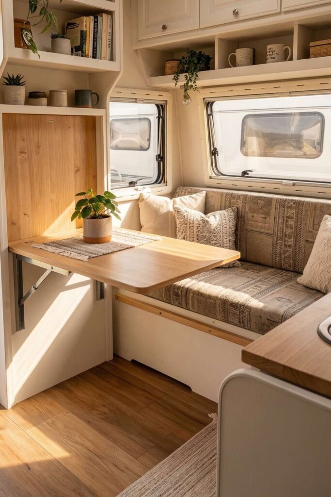 Camper dining area with fold-down table and cozy seating.