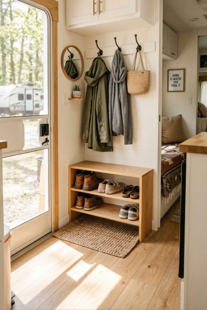 Camper entryway with wall hooks, shoe storage bench, and compact organization.