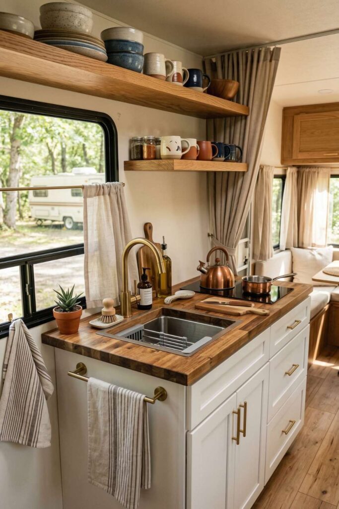 Camper kitchen with open wood shelves displaying mugs and dishes.
