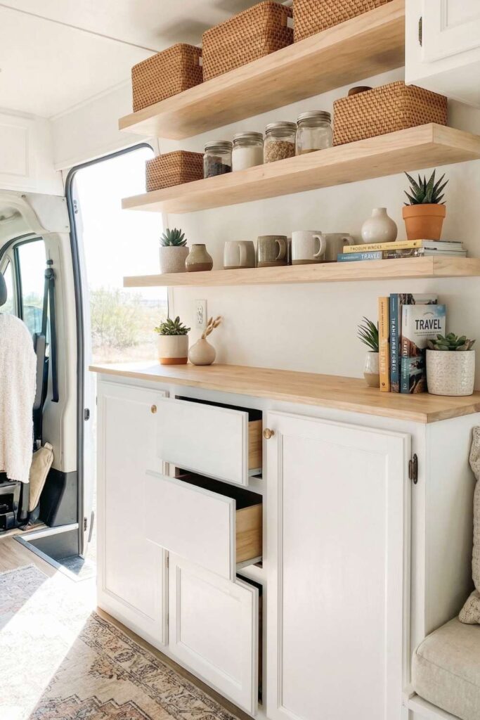 Camper vertical wall storage with open shelves and organized decor.