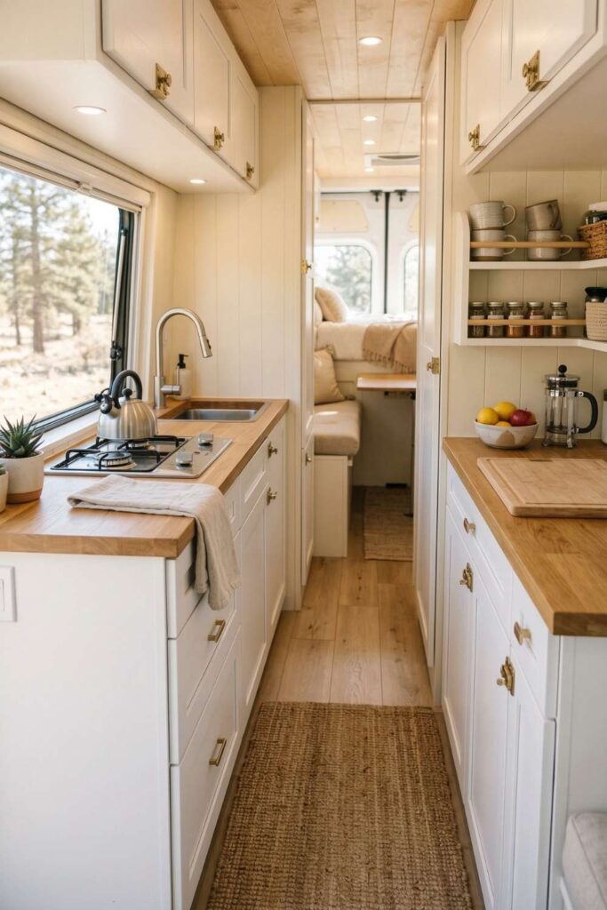 Compact galley camper kitchen with wood countertops and white cabinets.