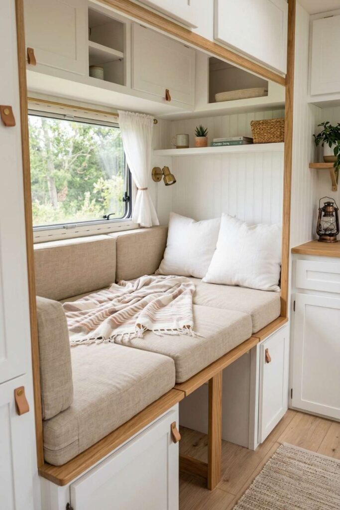 Convertible camper dinette bed with soft cushions and built-in storage.