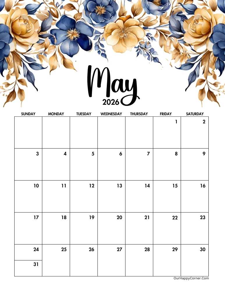 Blue and gold May 2026 calendar printable