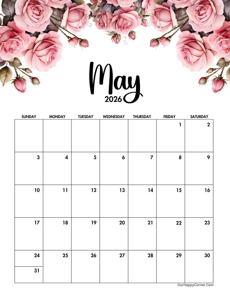 Pink roses floral May 2026 calendar printable