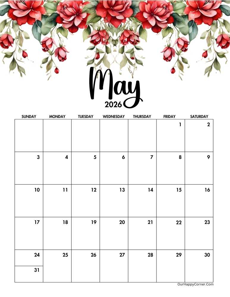 Red floral May 2026 calendar printable