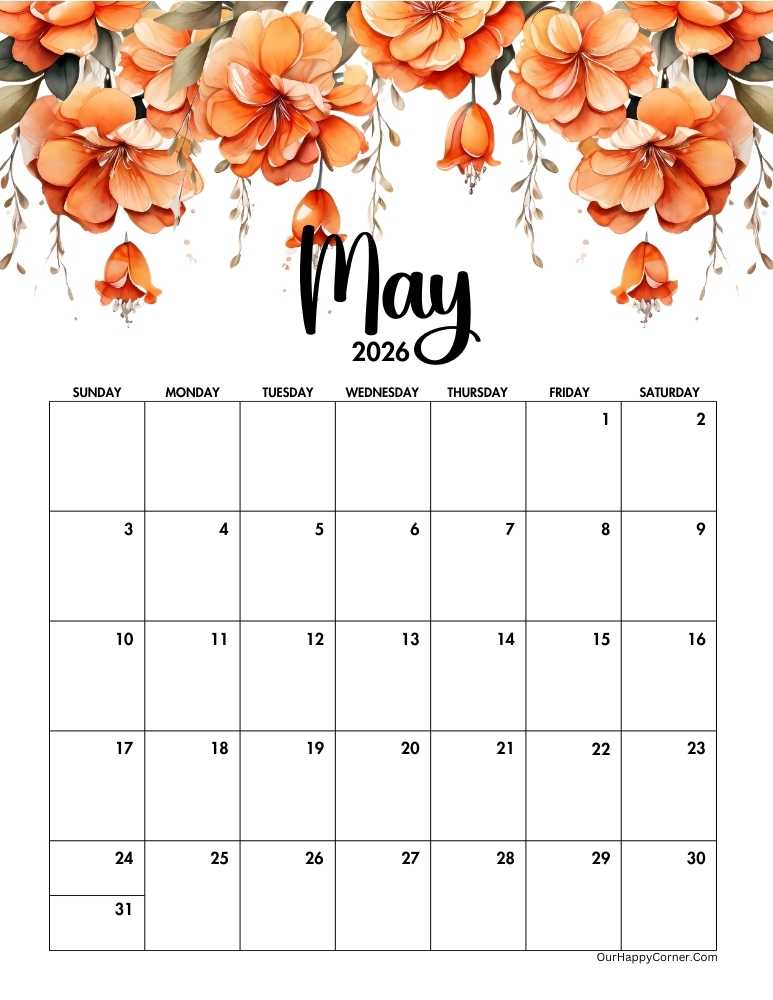 Orange floral May 2026 calendar printable