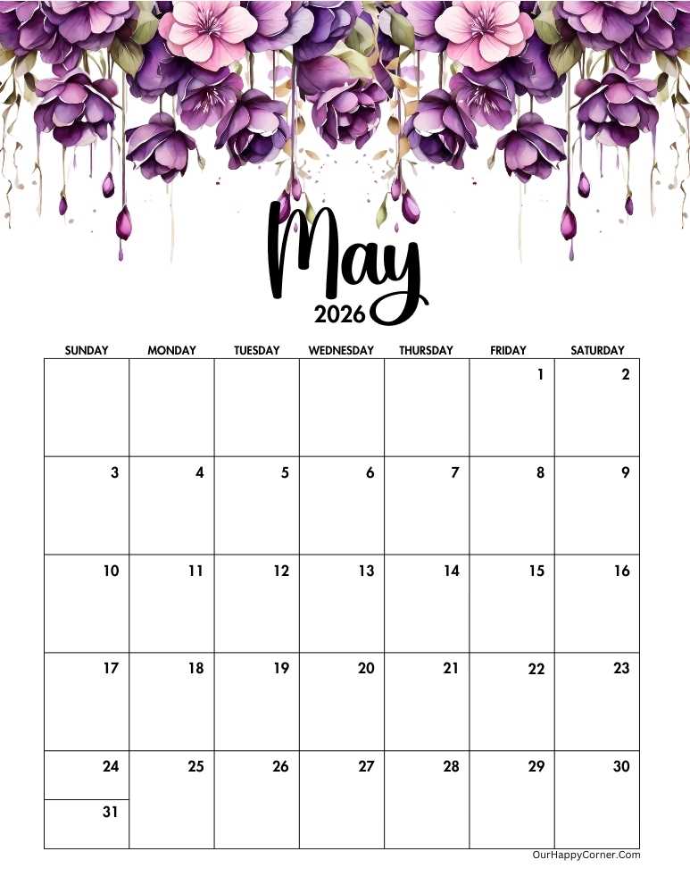 Purple floral watercolor May 2026 calendar printable