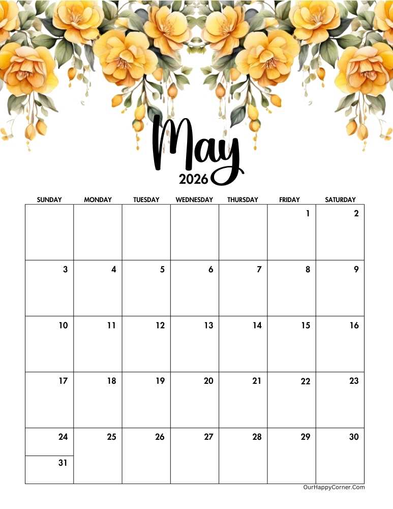 Yellow floral calendar printable