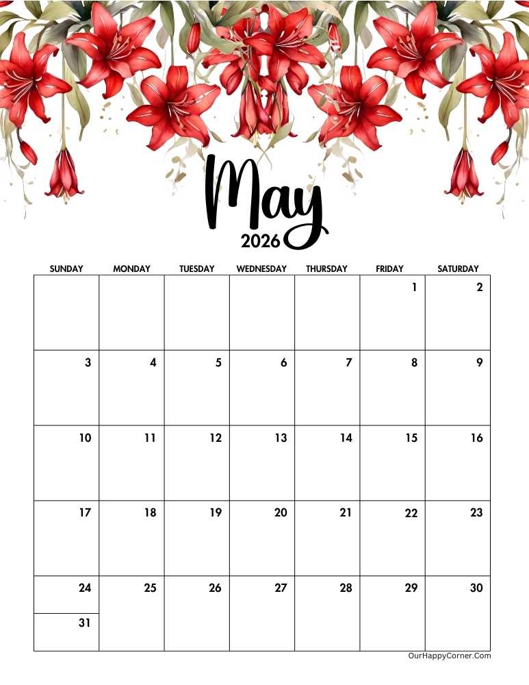 Printable red floral calendar