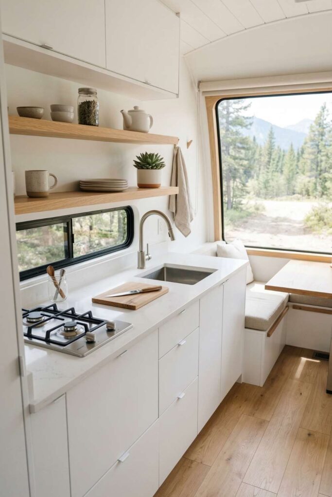 Minimalist white camper kitchen with open shelves and bright window view.