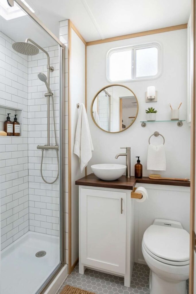 Modern compact RV bathroom with glass shower and white tile walls