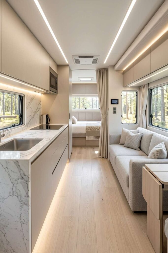 Modern luxury RV interior with marble countertops, neutral tones, and sleek cabinetry