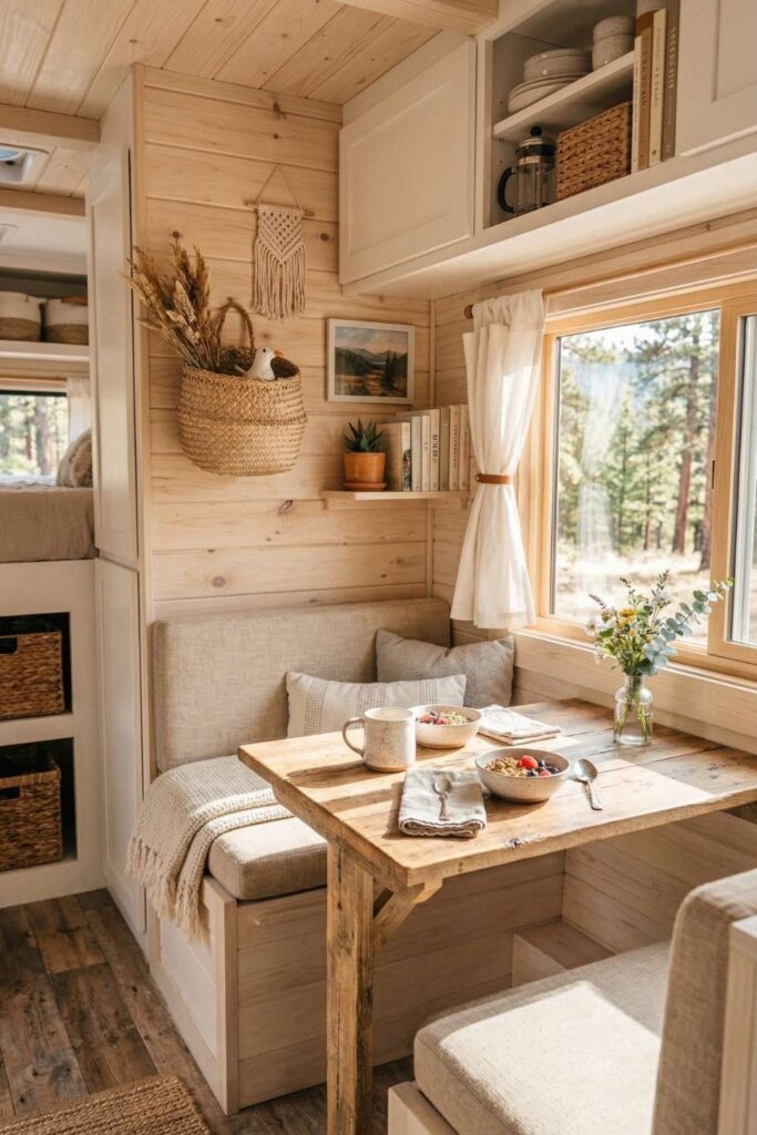 Neutral camper seating area with rustic wood table camper interior design