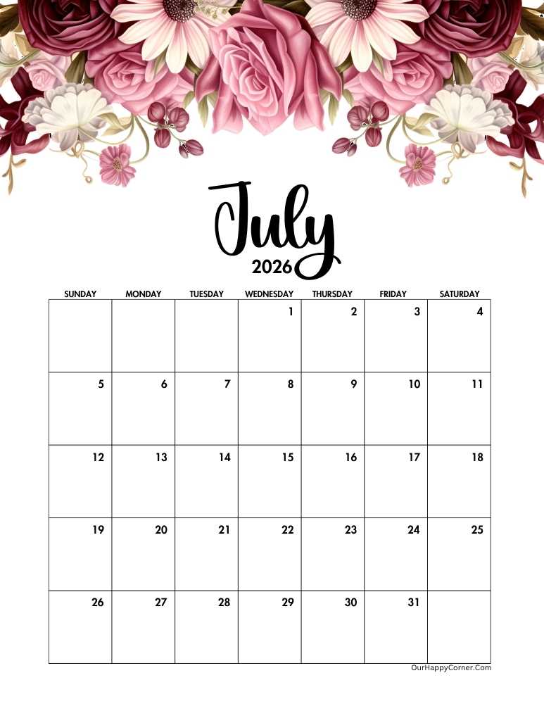 Floral July 2026 calendar