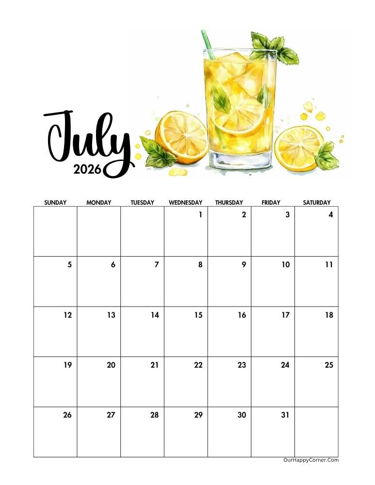 Summer themed July 2026 calendar