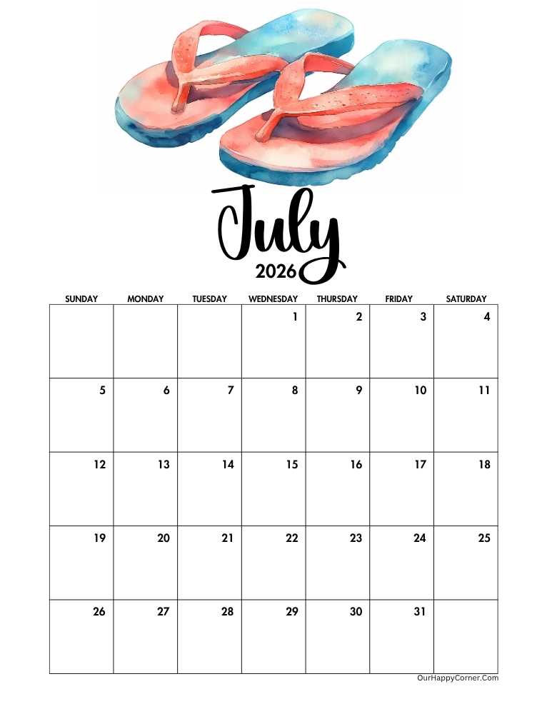 Summer themed July 2026 calendar