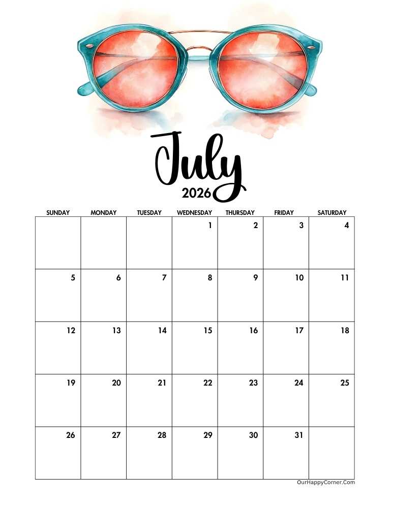 Summer themed July 2026 calendar