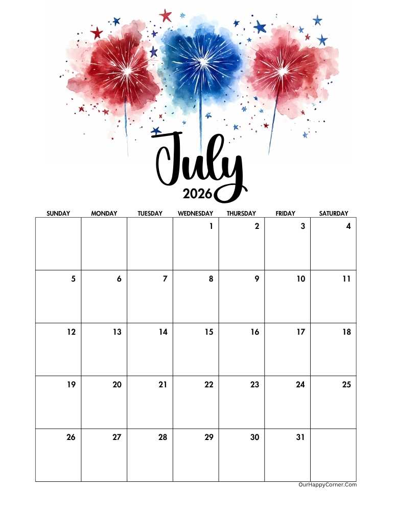 4th July themed calendar