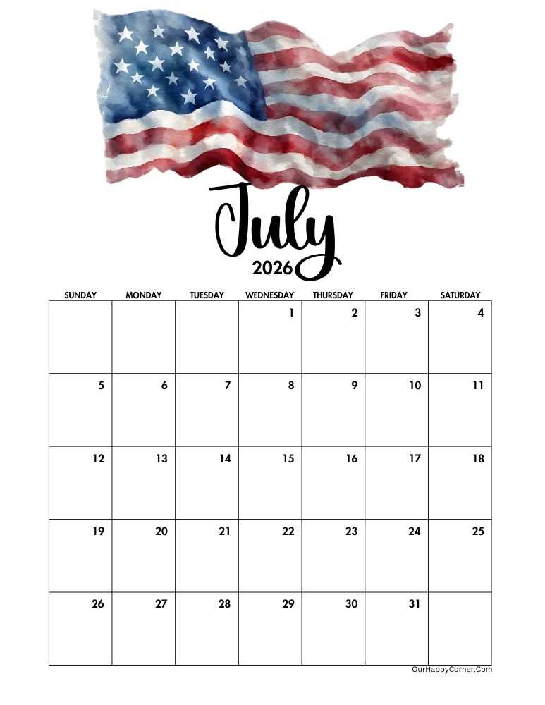 4th July themed calendar