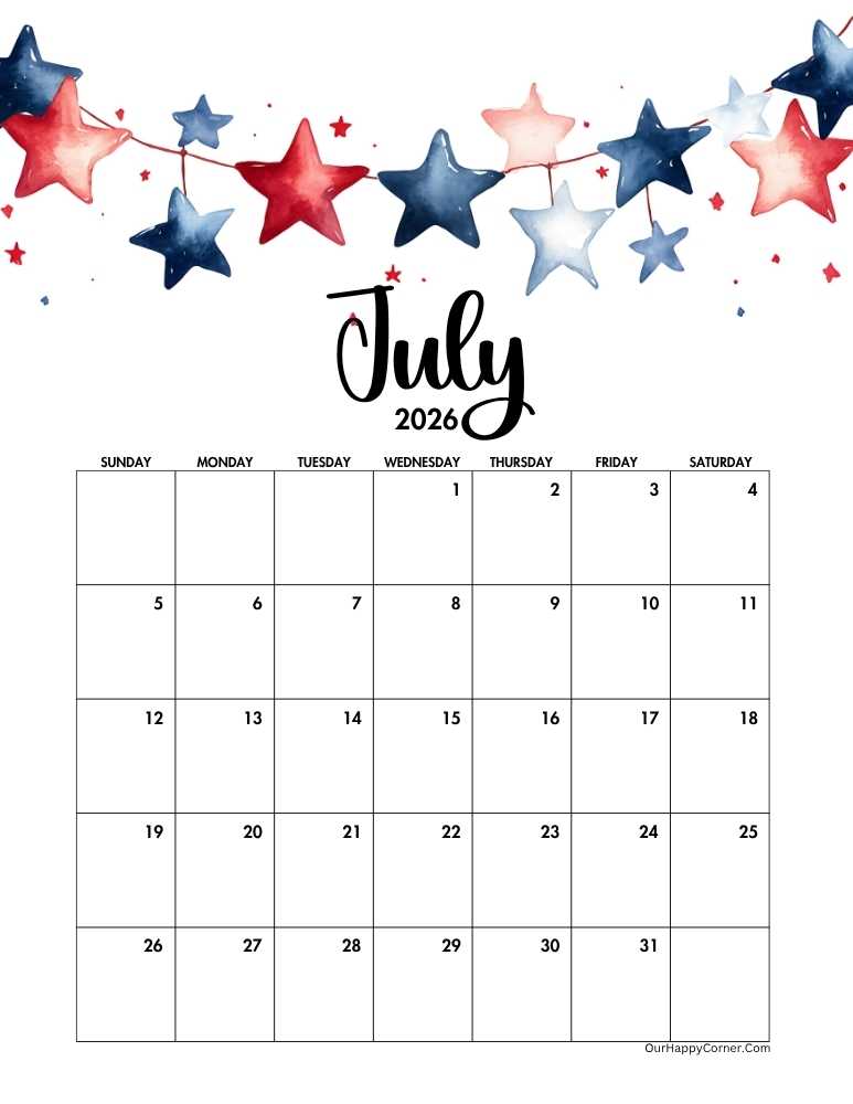 4th July themed calendar
