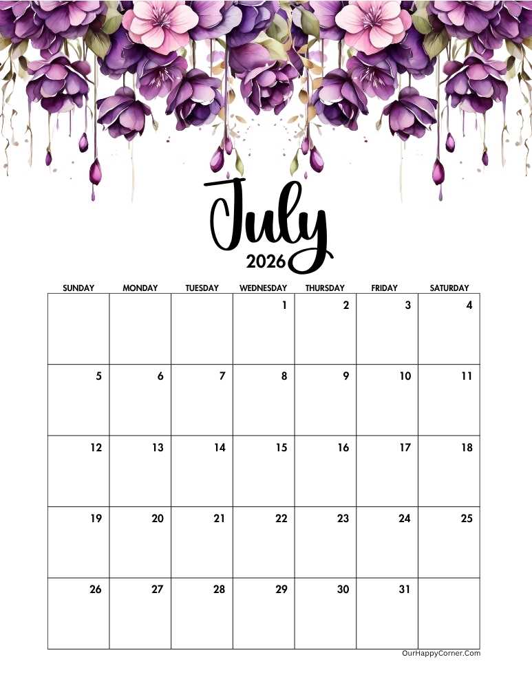 Purple floral watercolor decorated calendar