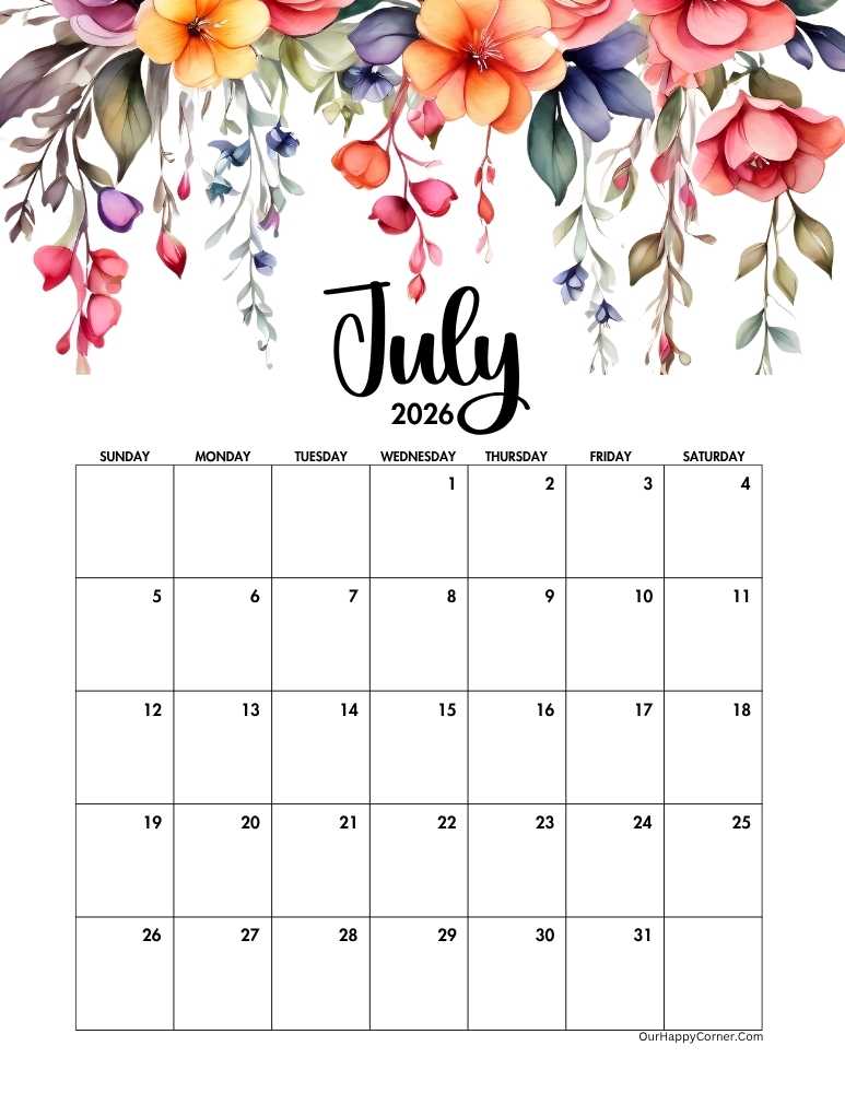 Floral July 2026 calendar