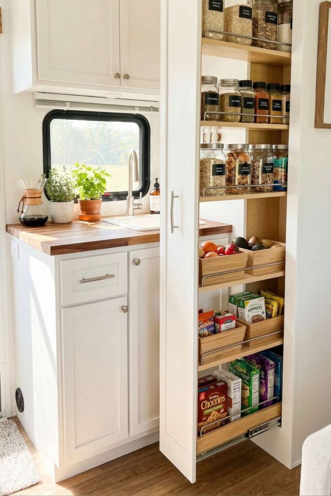 Pull-out sliding pantry cabinet with organized jars, baskets, and food storage.