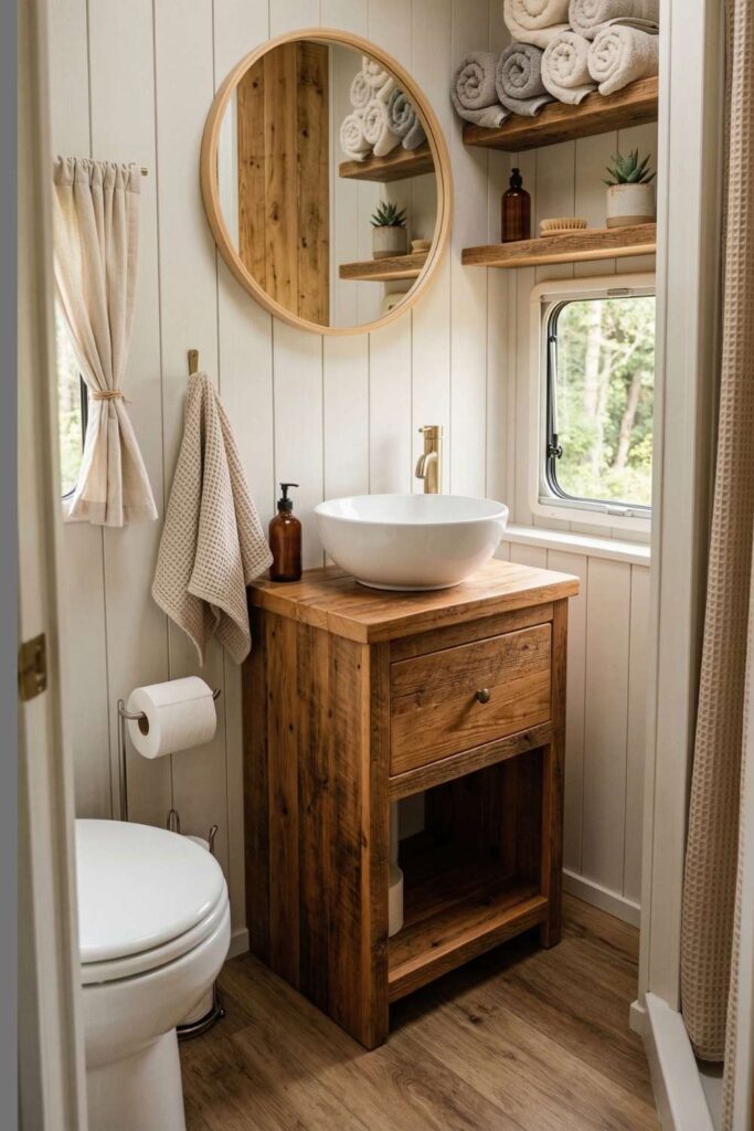 Rustic camper bathroom with wood vanity and round mirror.