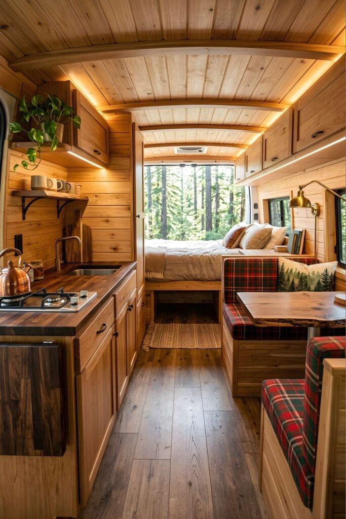 Rustic wood camper interior with plaid seating camper interior design
