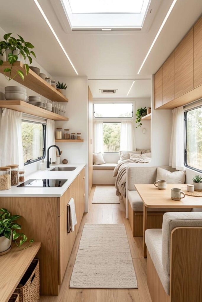 Scandinavian camper interior with light wood cabinets camper interior design