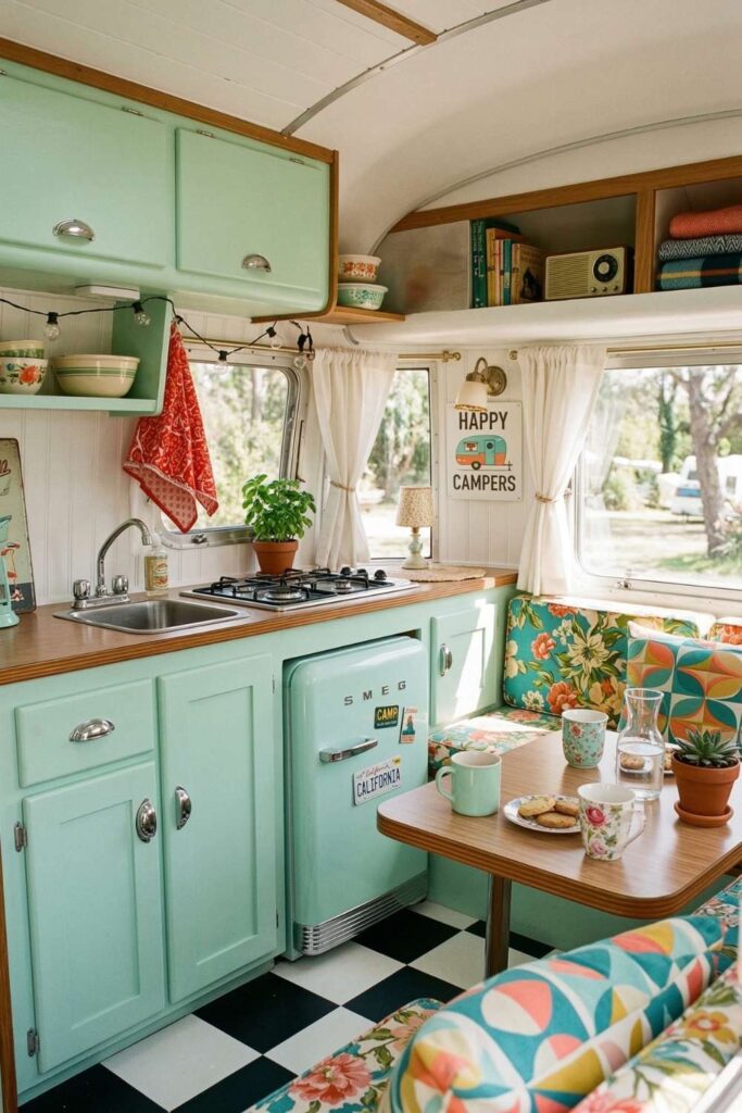 Vintage retro camper interior with mint green cabinets and colorful seating