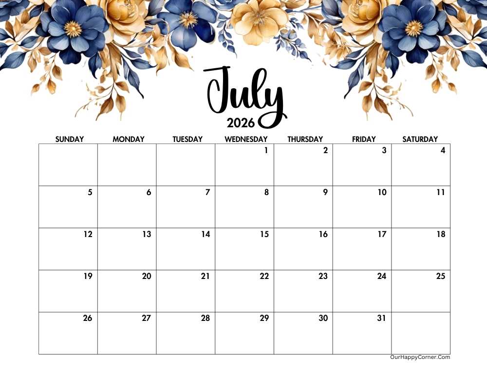 Horizontal blue and gold calendar
