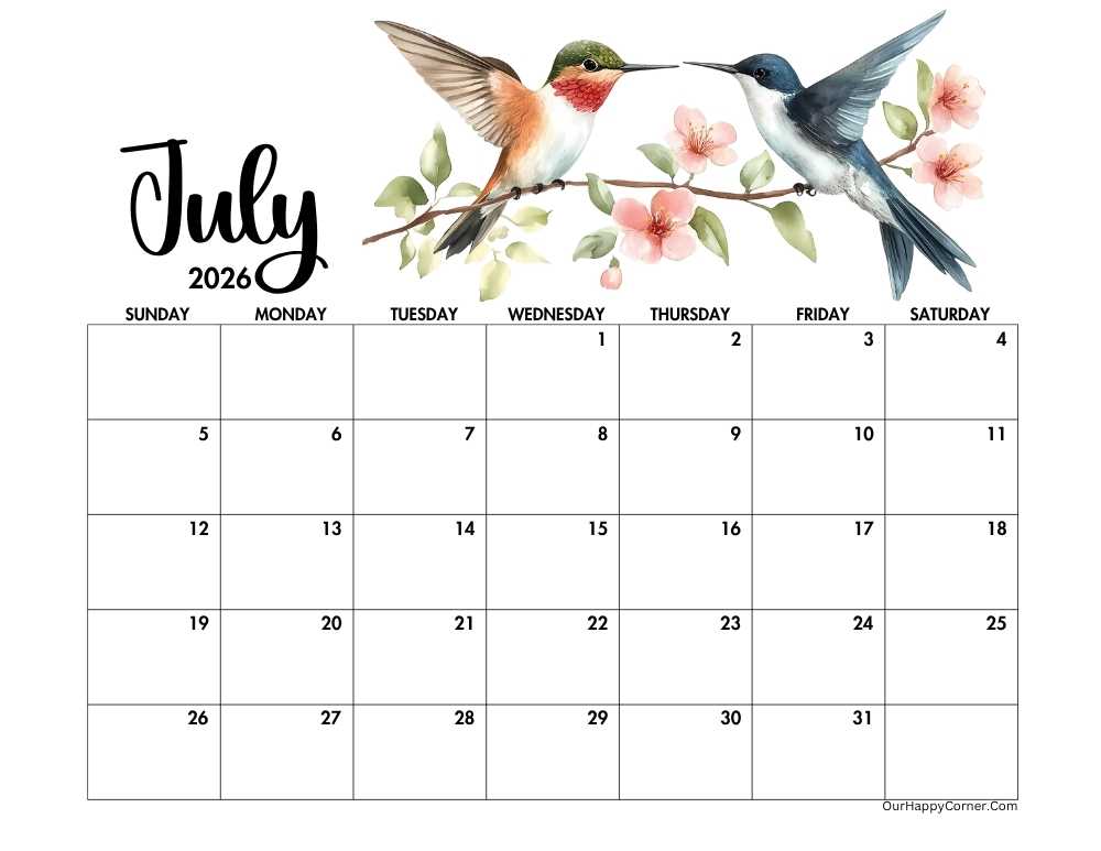 Horizontal July 2026 calendar