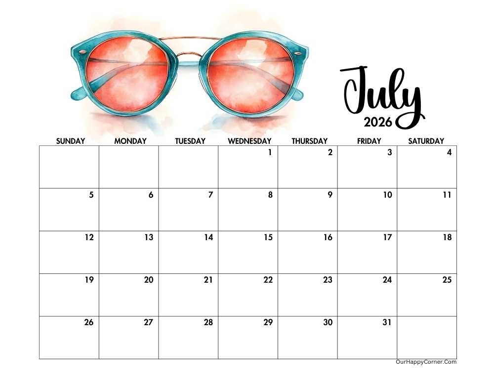 Horizontal July 2026 calendar