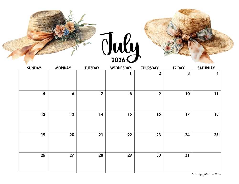 Horizontal July 2026 calendar