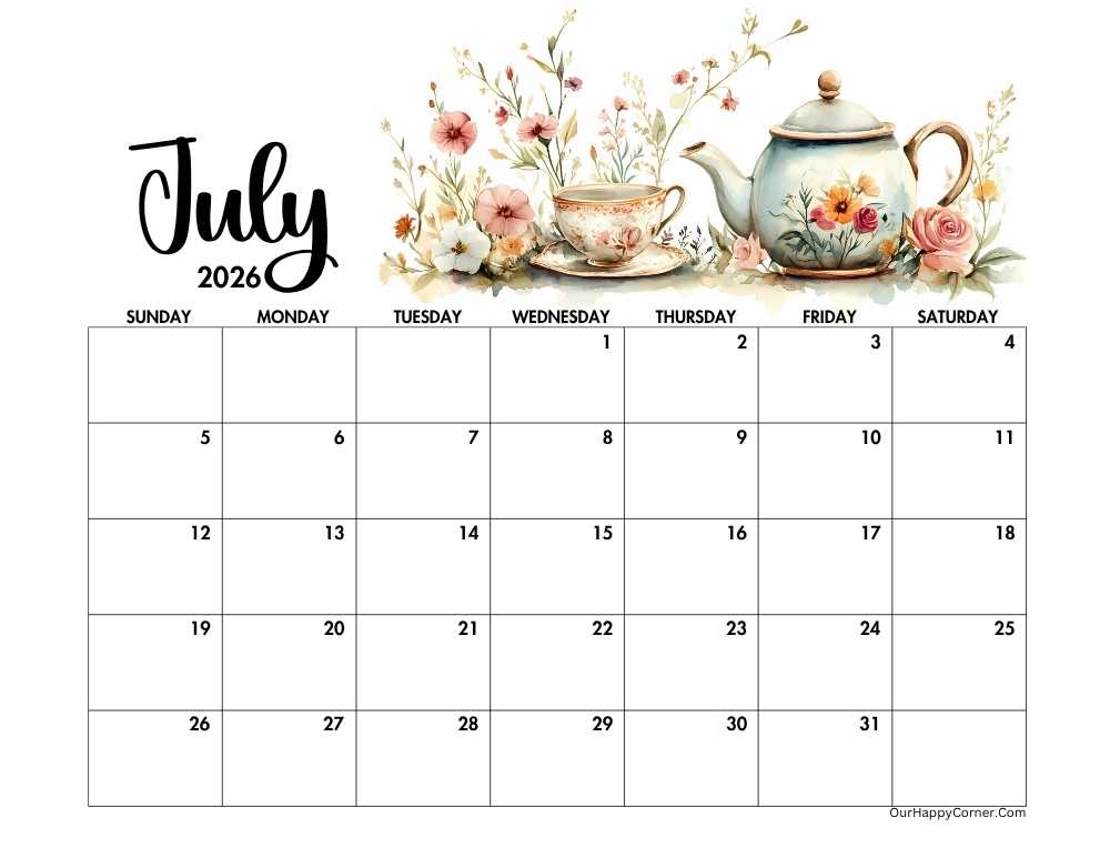Horizontal July 2026 calendar