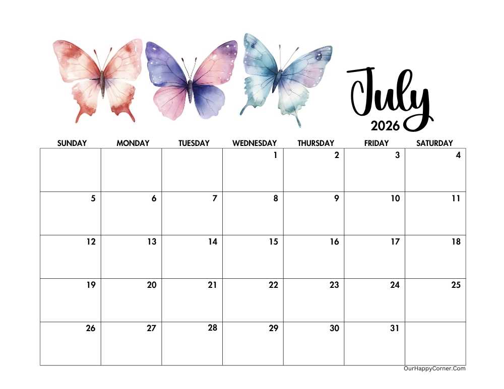Horizontal July 2026 calendar