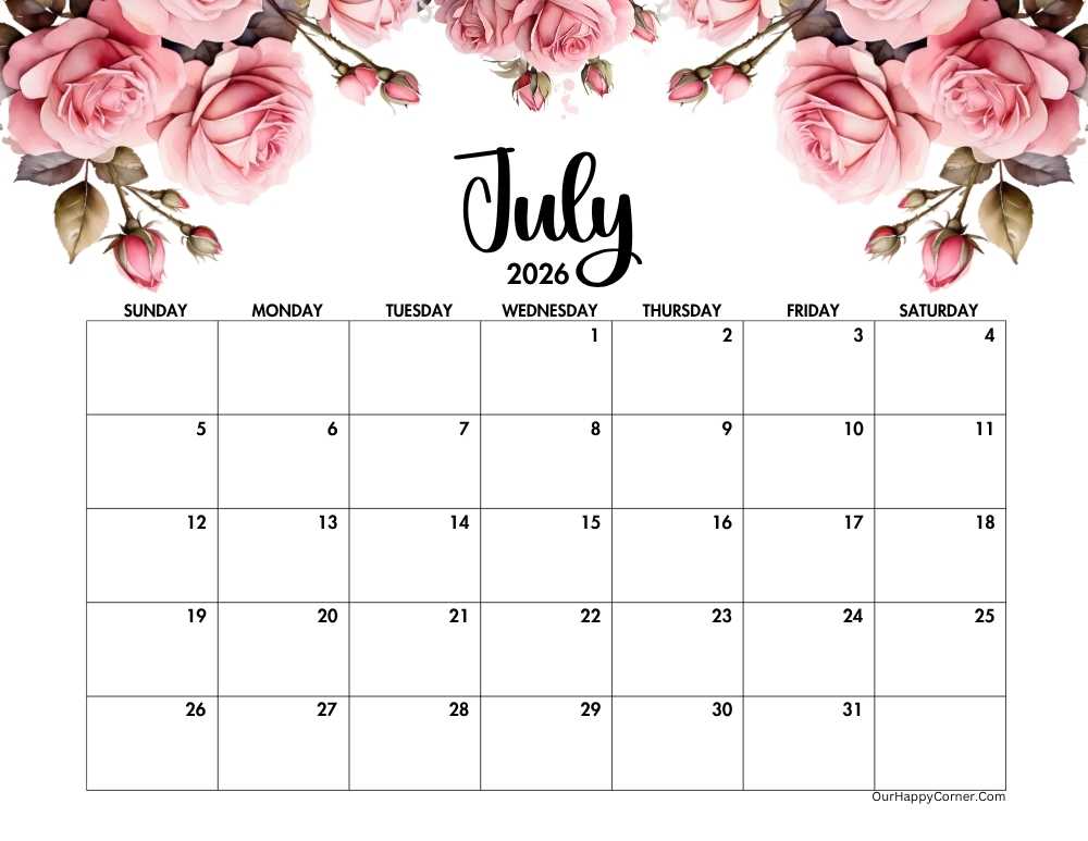 Horizontal pink roses calendar