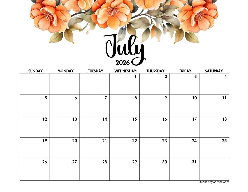 Orange floral horizontal calendar