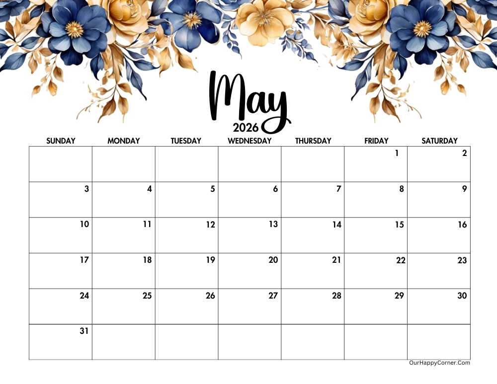 Horizontal blue and gold calendar