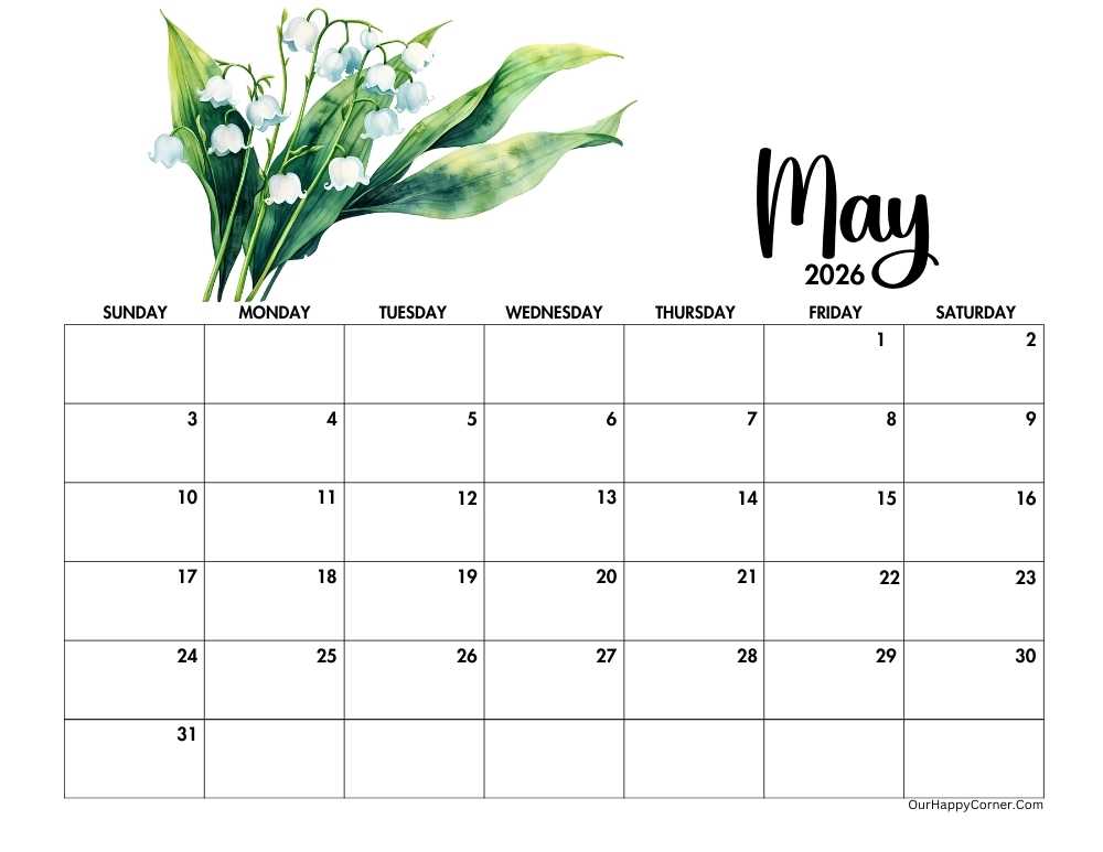 May floral horizontal 2026 calendar