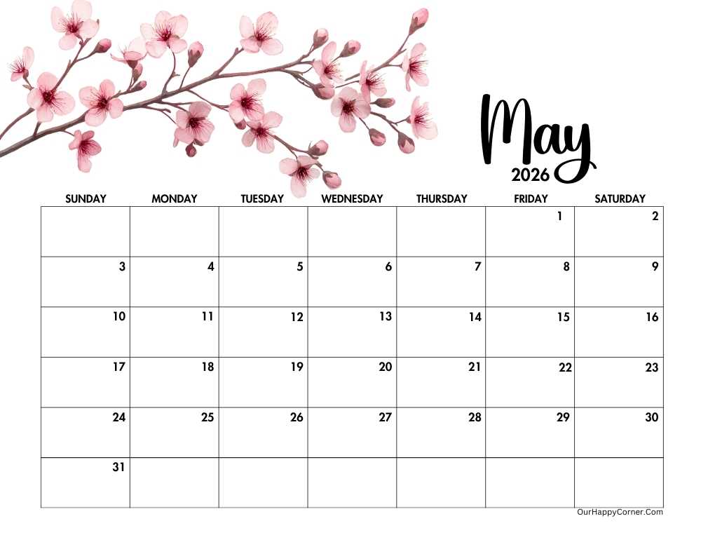 May floral horizontal 2026 calendar
