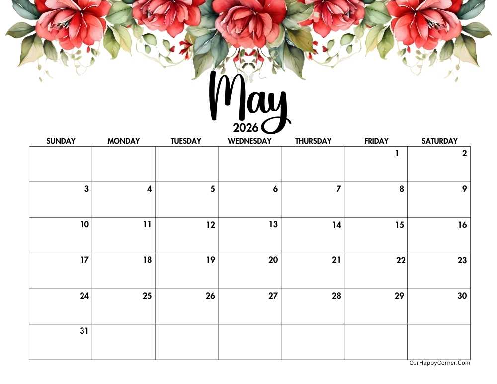 Red floral horizontal calendar